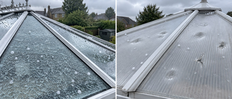 Hail damage to toughened glass and polycarbonate conservatory roof panels