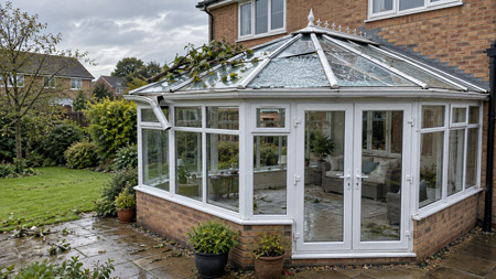 storm-damaged conservatory with a crazed roof panel, fallen branch and loose guttering